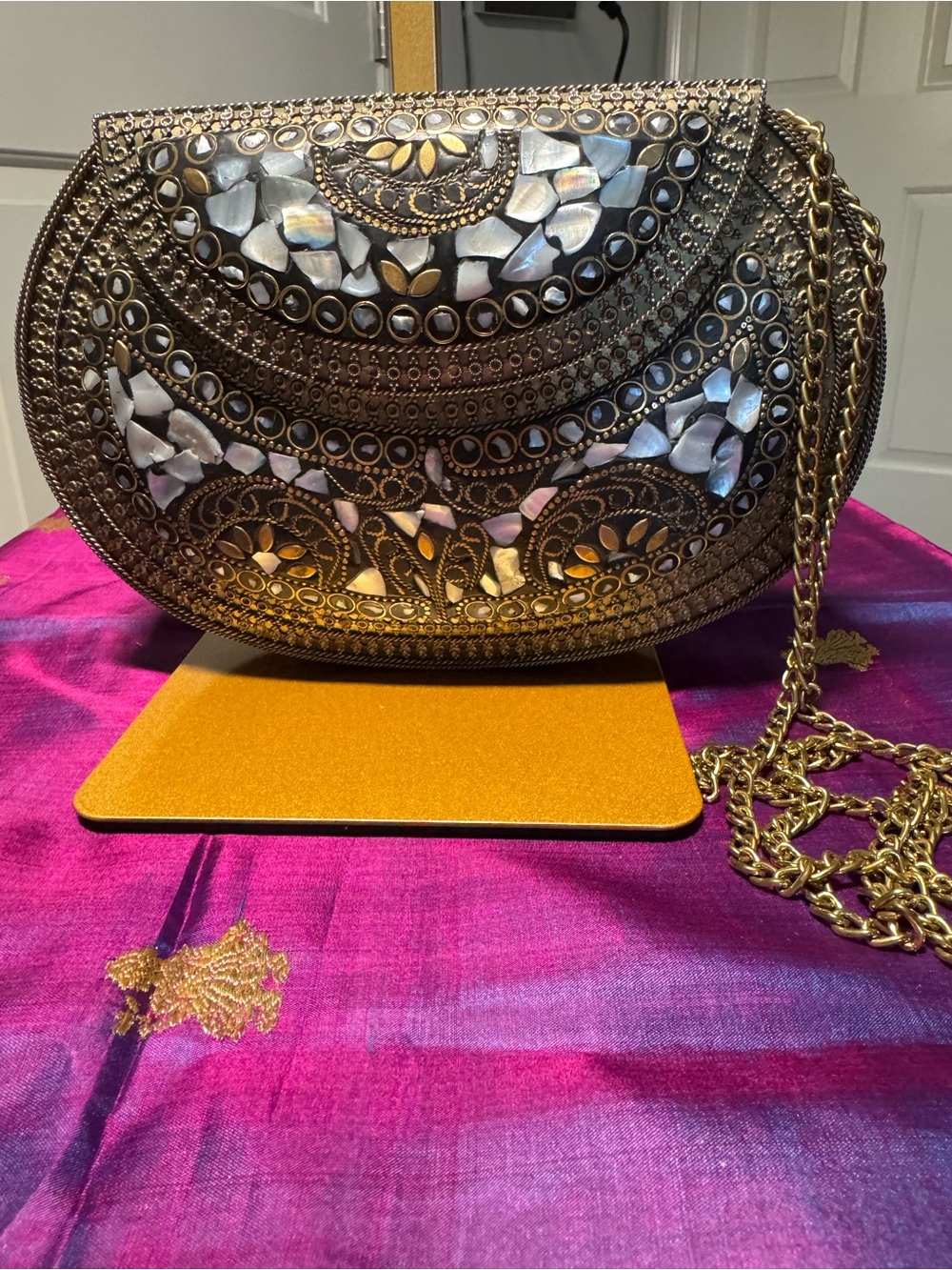 NWOT Handcrafted Indian Brass Mosaic Mother of Pearl Clutch Bag